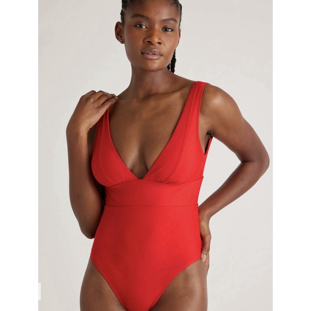 QUINCE‎ Women's Medium Italian Plunge One-Piece Swimsuit Bathing Suit Red NEW